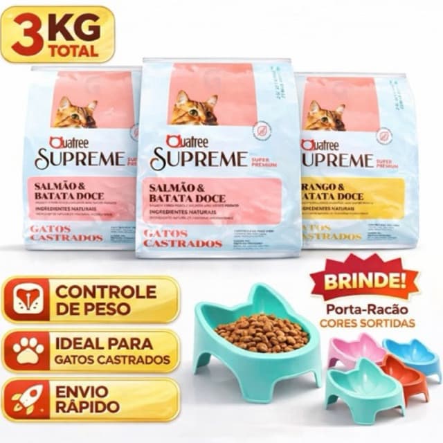 Ração Gato Castrado 3kg Quatree Supreme Salmão ou Frango Controle de Peso Kit 3 Unidades Super Premium