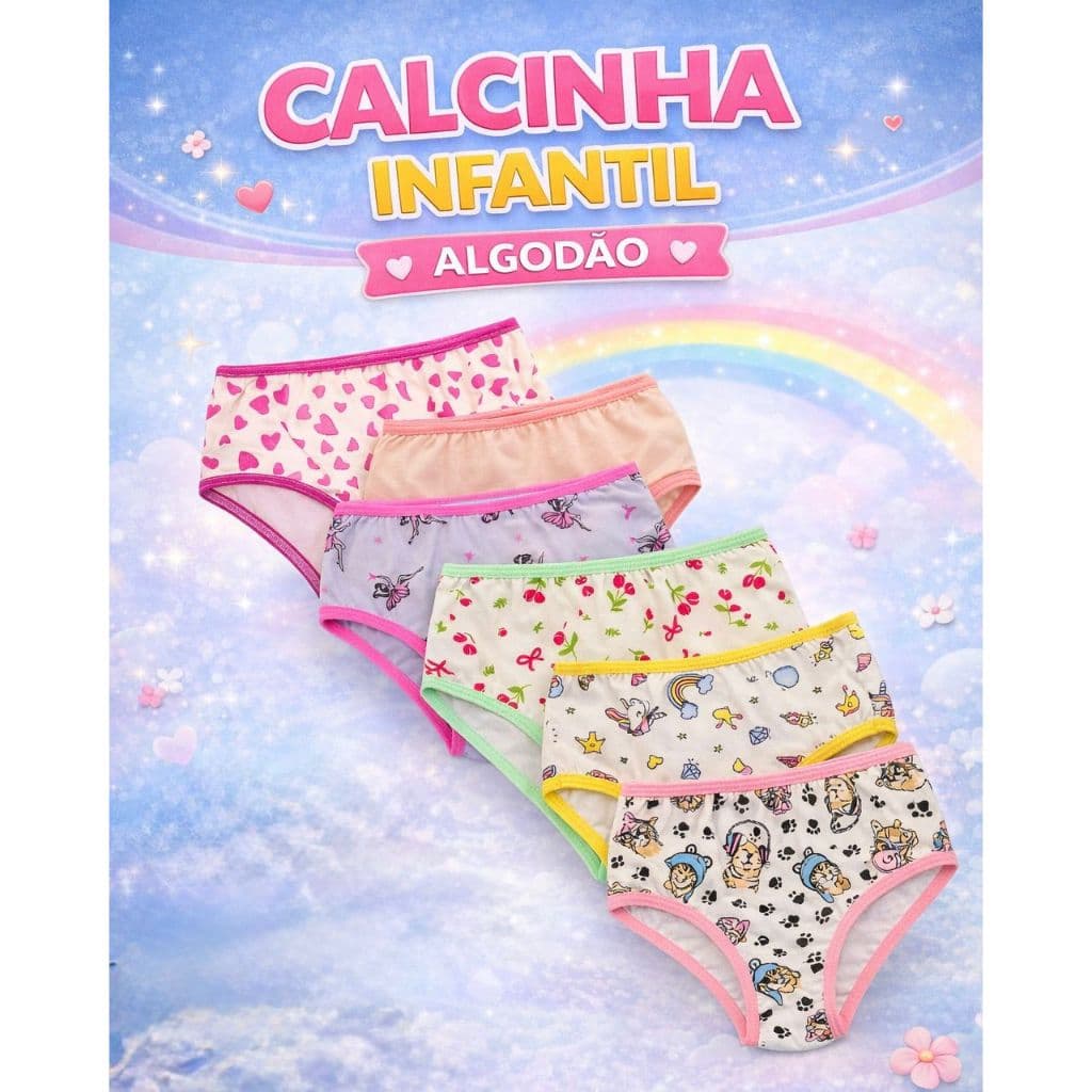 Kit Calcinha Infantil Algodão Estampada de 0 a 10 Anos Conforto Menina Criança