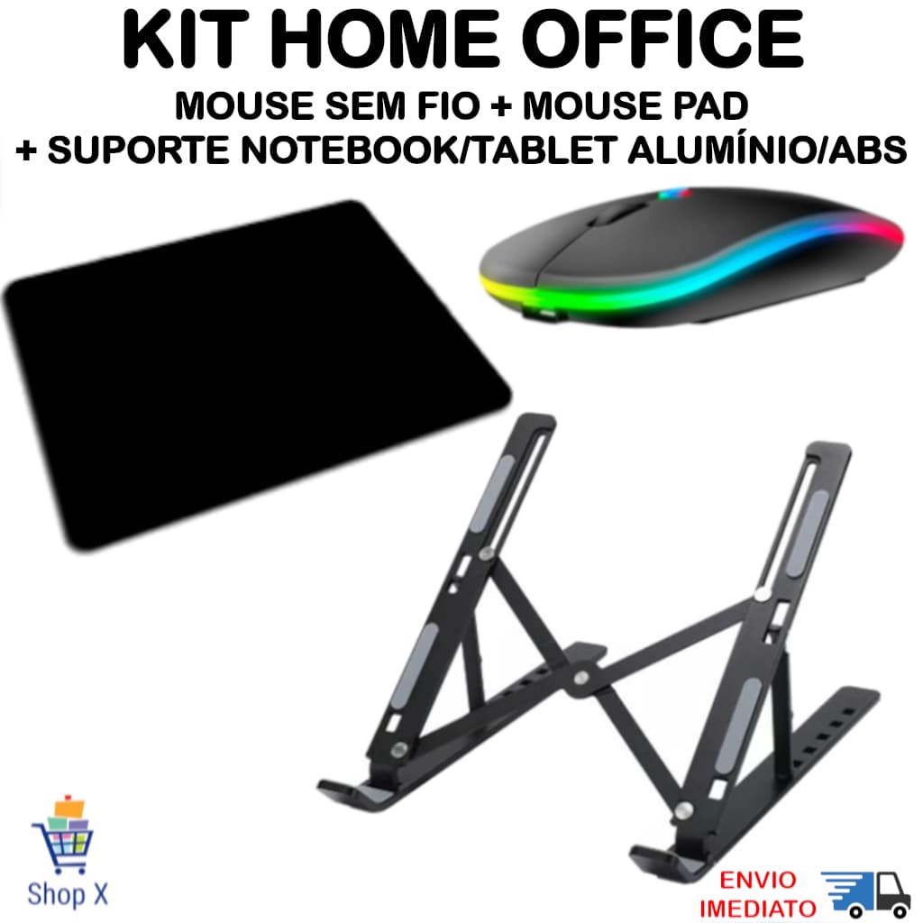 Kit Mouse Sem Fio Recarregável e Suporte Notebook Tablet Regulável Alum./ABS e Mousepad Home Office