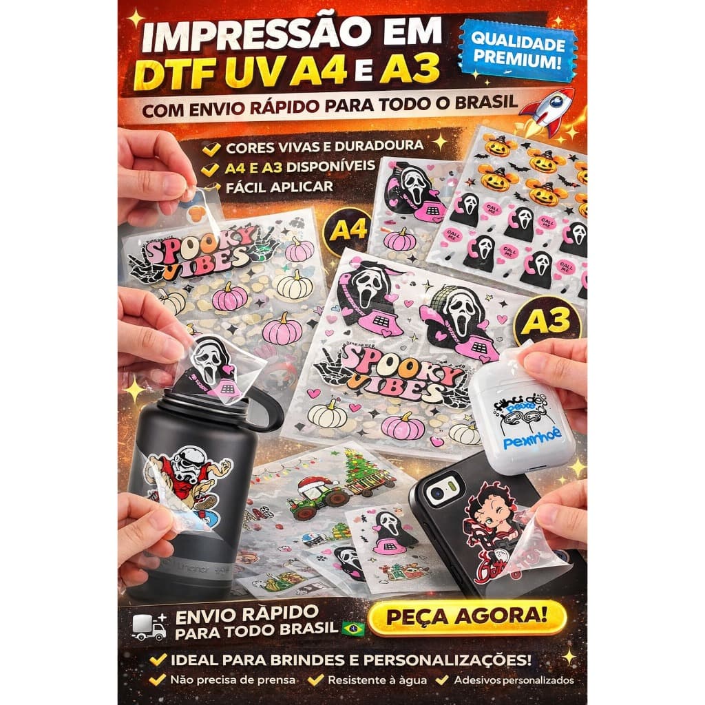 Impressão em Folha DTF UV Adesivos Tamanhos A3 e A4 até 1 metro envio em 24H