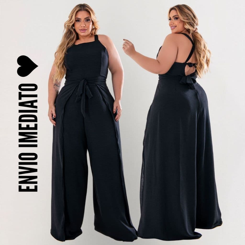 Macacão Pantalona Plus Size Longo Elegante Feminino Envelope Liso EXG Plus Size Curve
