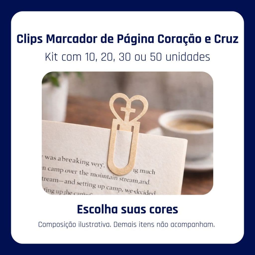 Clips Marcador de Página Coração e Cruz • Bíblia e Devocional • Kit com 10, 20, 30 ou 50 Unidades