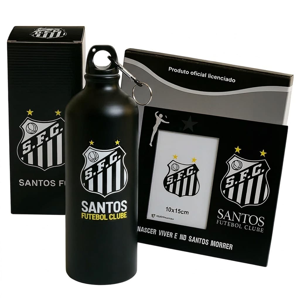 KIT PRESENTE SANTOS F.C GARRAFA ALUMINIO E PORTA RETRATO OFICIAL LICENCIADO