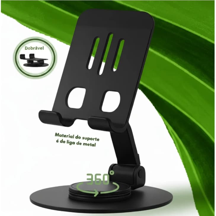 Suporte Celular e Tablet Mesa Alumínio Giratório 360° Ajustável Dobrável Universal Home Office