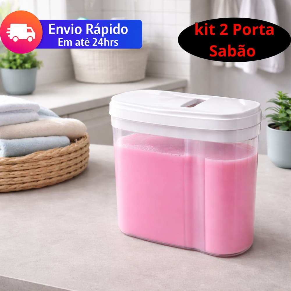 Kit 2 Porta Sabão Com Tampa Plástico Resistente Organização Lavanderia (Cores Sortidas)