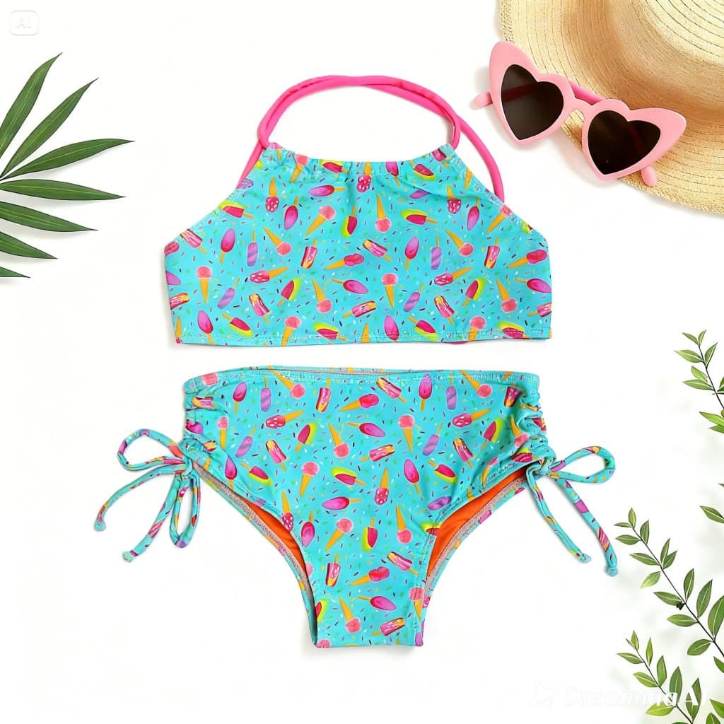 Biquíni Infantil Menina Top Trançado Calcinha Cordinha na Lateral Conjunto Proteção UV Moda Praia