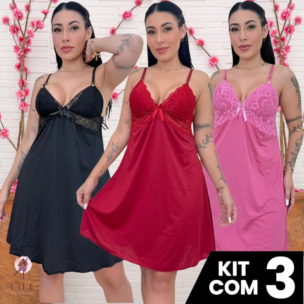 KIT 3 Camisola Amamentação Detalhe em Renda Conforto Gestante Maternidade Pós-parto Pijama Linha Noite