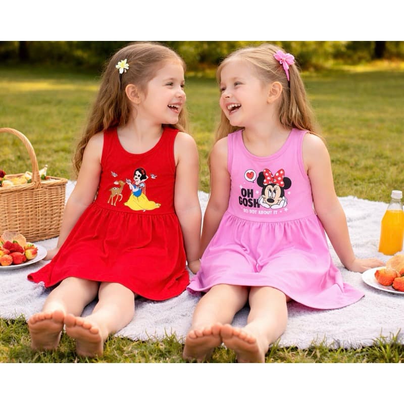 kit 2 Peças de  Vestidos Personagem Infantil Roupa de Menina Verão Algodão Feminino Tam 2 ao 10.Ref 1025