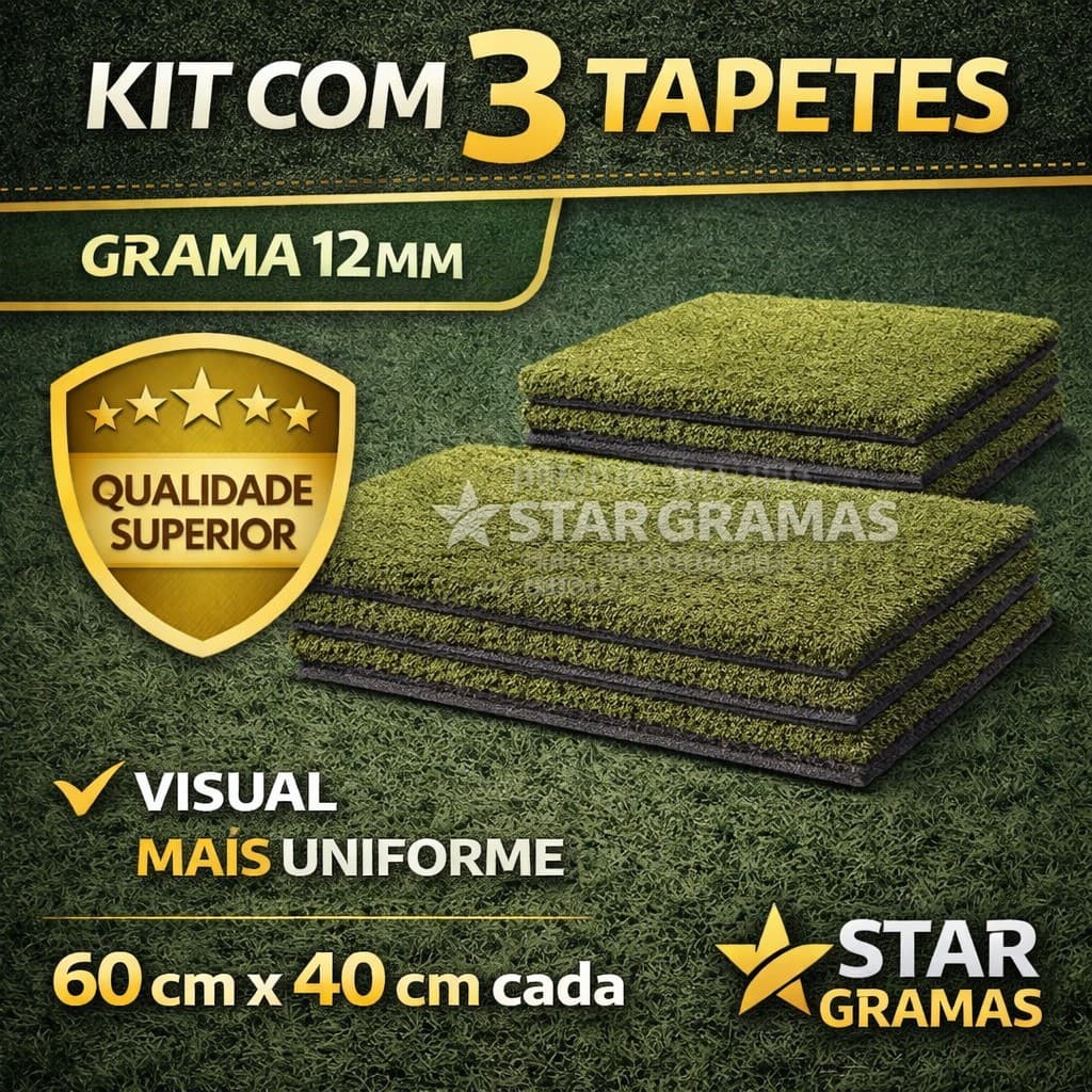 KIT 3 TAPETES DE GRAMA SINTÉTICA 60x40 CM – BASE ANTIDERRAPANTE – PARA PET, CRIANÇA, JARDIM E PLAYGROUND