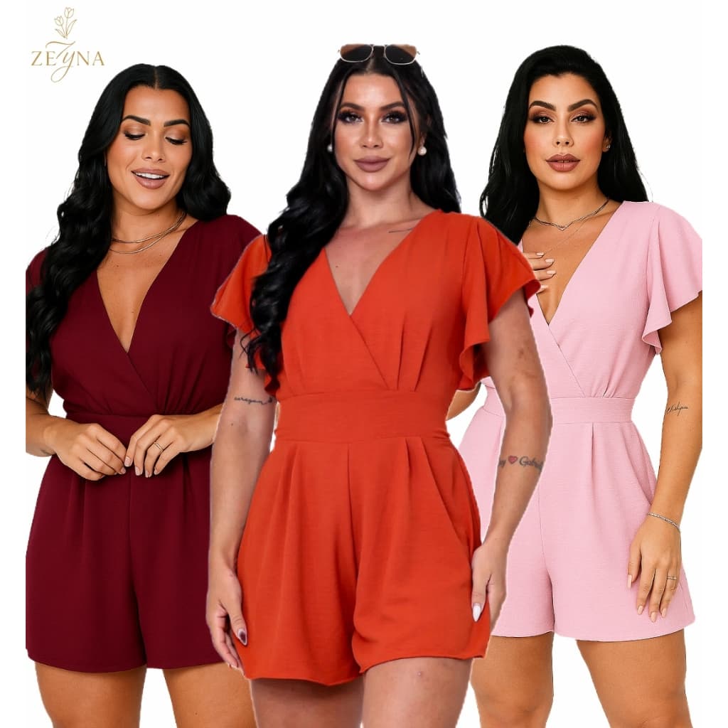 Zeyna Macaquinho Sol Roupa Feminina Manguinha Macaquinho com Forro