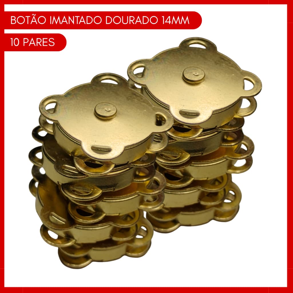 Kit 10 Botões Imantado Magnético Fecho Cor Dourado 14mm Imã