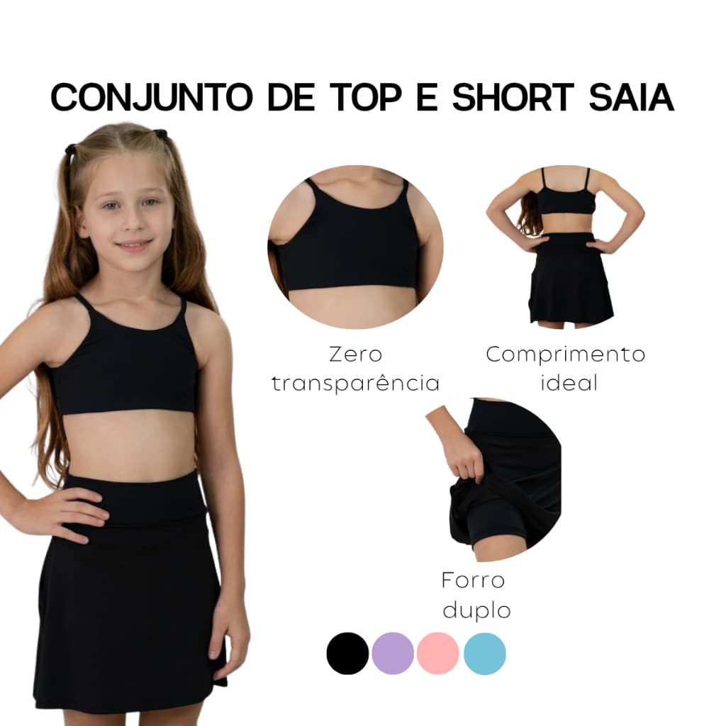 Roupa De Treino Infantil Short-saia E Top Alça Fina Lycra Escolar Colégio Dança Ginástica Lycra