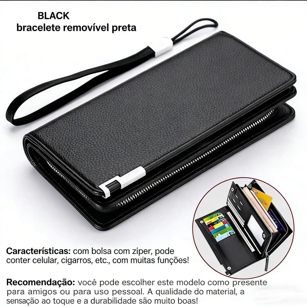 Carteira masculina de couro com slots para cartões e bolso para moedas, ideal para organizar dinheiro e cartões.