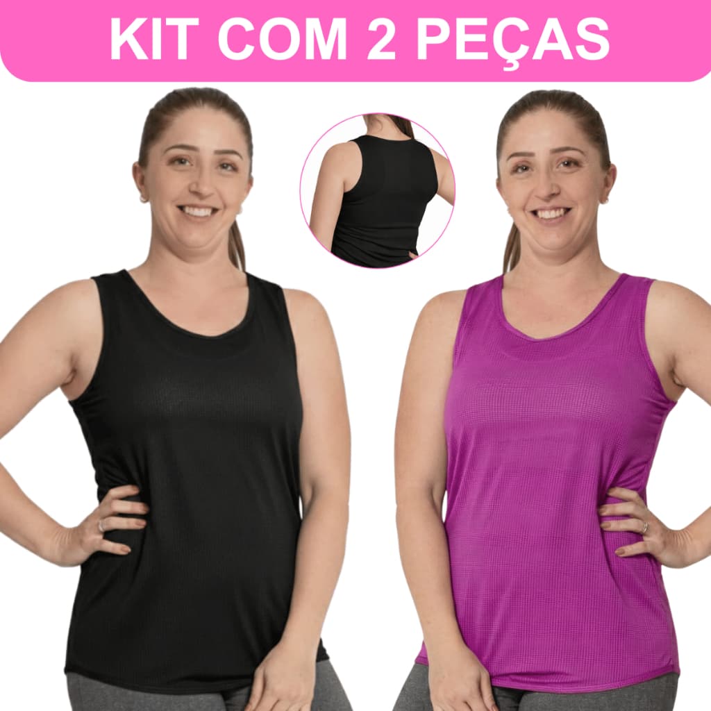 Kit 2 Regatas Esportivas Feminina Dry Fit Academia Corrida Treino Fitness Poliester com Elastano