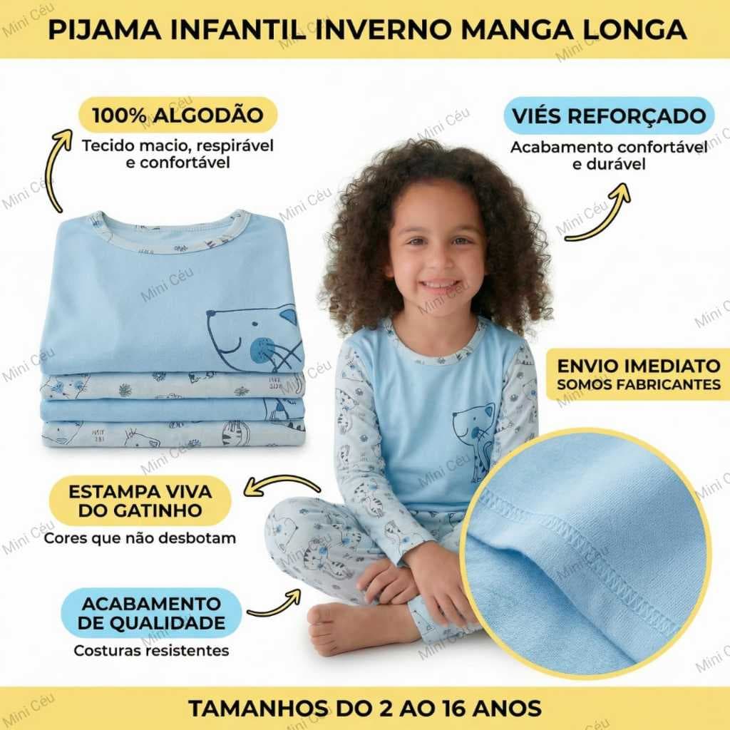 Pijama Infantil Inverno Longo 100% Algodão - Menina 2 ao 16 - Várias Cores