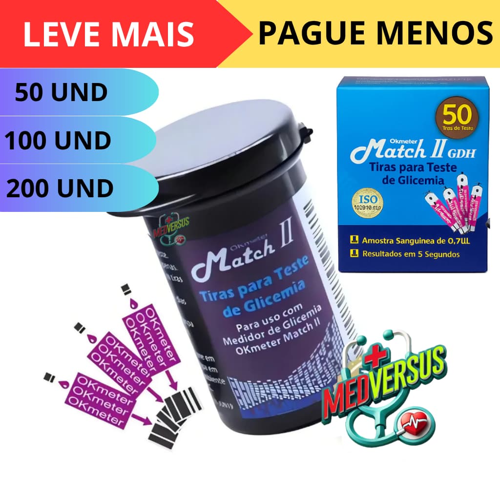 Tiras Glicemia Teste Glicose diabetes MatchII Ok Meter C/50 UND