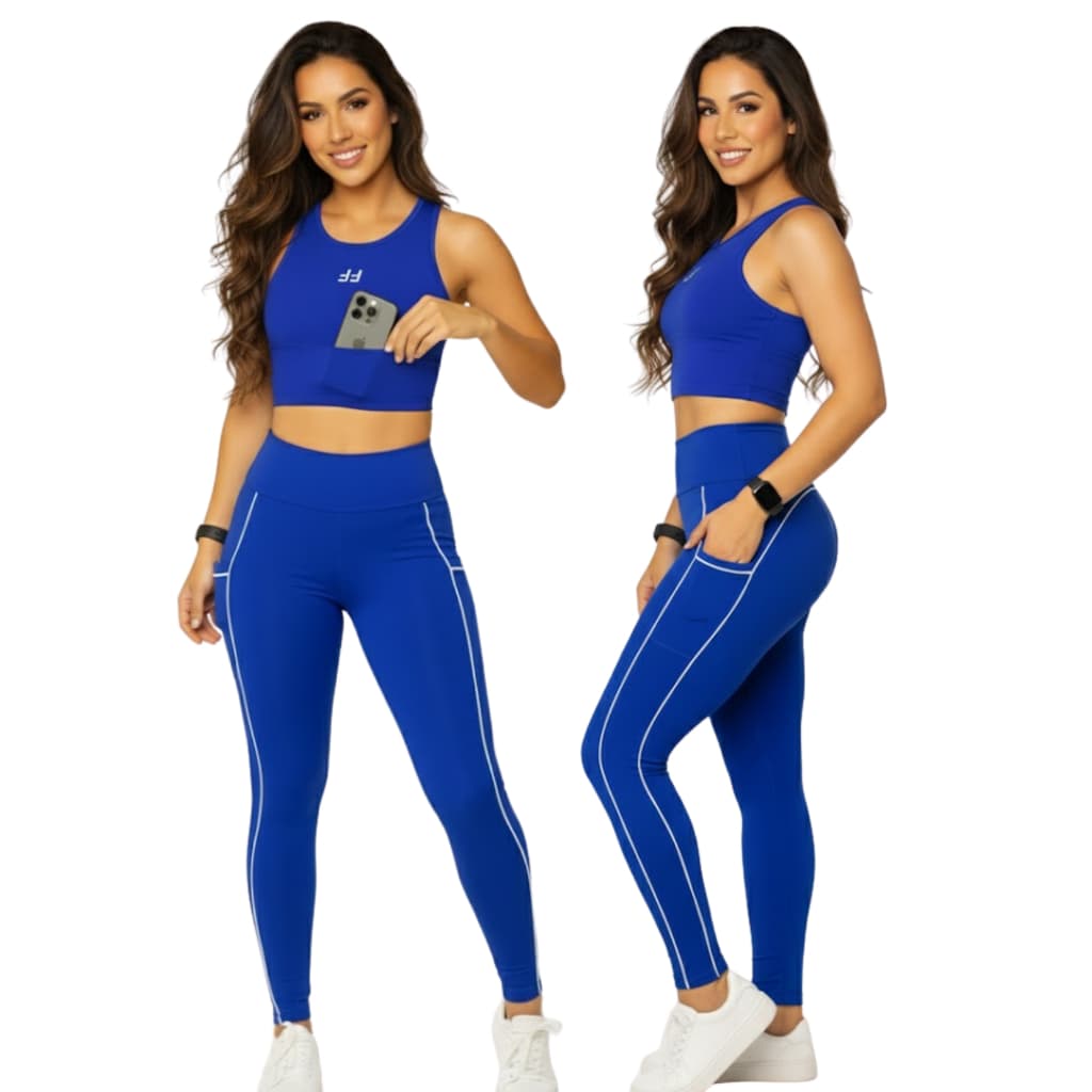 Conjunto Feminino Alta Compressão Top com Bolso e Calça Legging Com Bolso Para Corrida Academia