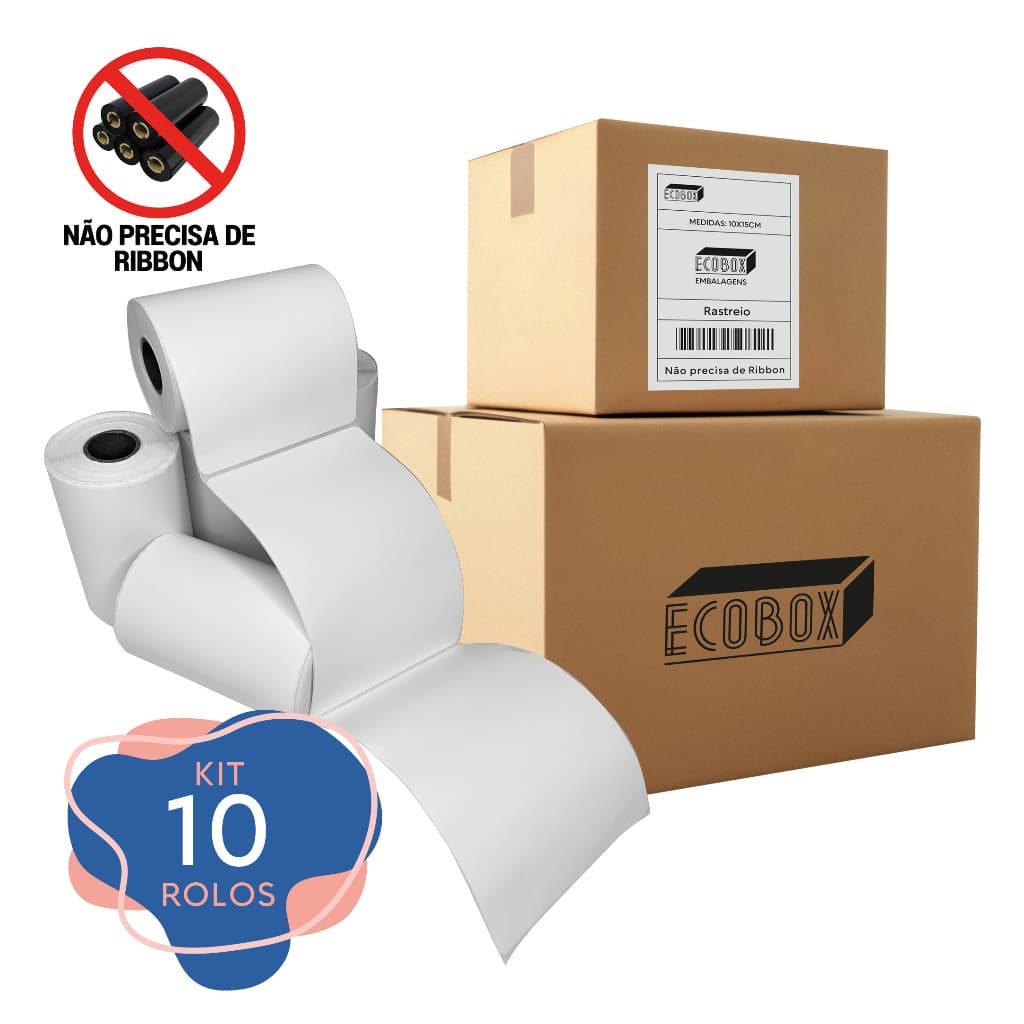 Rolo Etiqueta Térmica Adesiva 10x15cm Serrilhada Branca Não Usa Ribbon Para Envios E-Commerce Embalagens