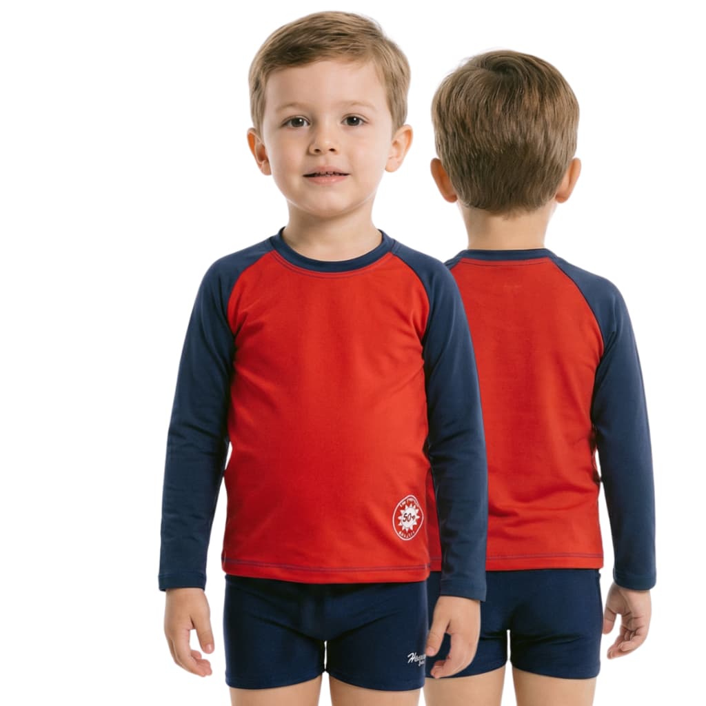 Conjunto camisa UV + sunga box infantil/juvenil com proteção UV 50+ do 2 ao 16 anos