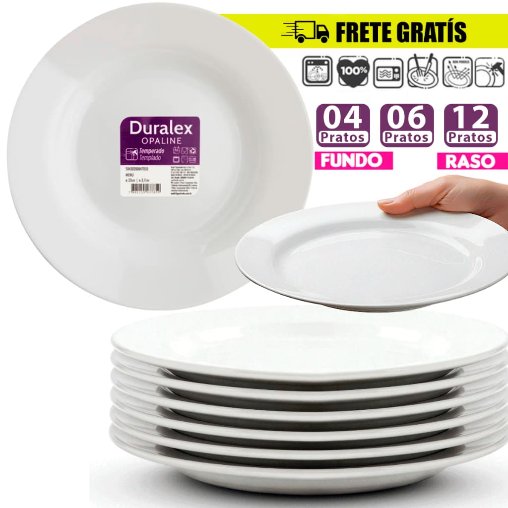 Jogo Kit 12/06/04UN Pratos Raso e Fundo Branco Vidro Duralex Menu Brilhante Opaline Jantar Hotel