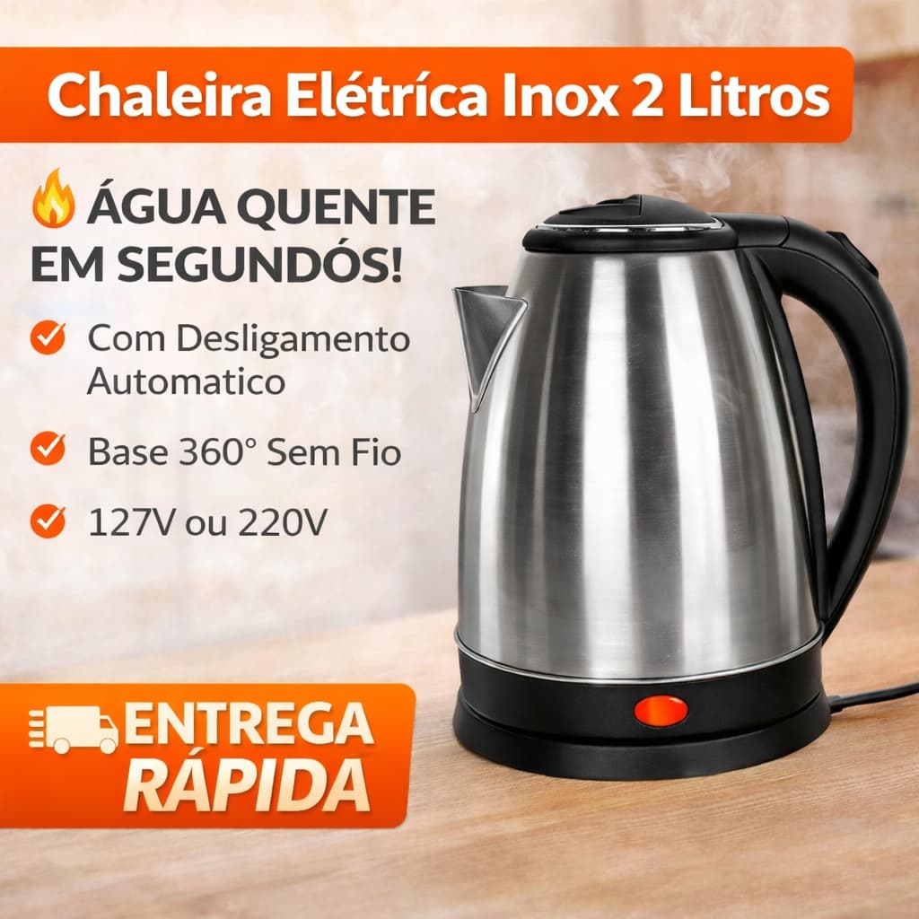 Chaleira Elétrica Inox 2L 127V e 220V Jarra Desliga Automático Café Chá Chimarrão Aquece rápido
