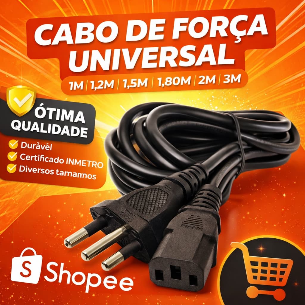 ⚡ Cabo de Força Tripolar 3 Pinos 10A 250V PC Monitor TV – 1m a 3m 🇧🇷 Envio Imediato