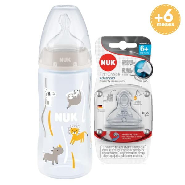 Mamadeira Nuk Anticolica Ortodôntica First Choice 300mL + Bico Reposição Tamanho 2 +6 Meses