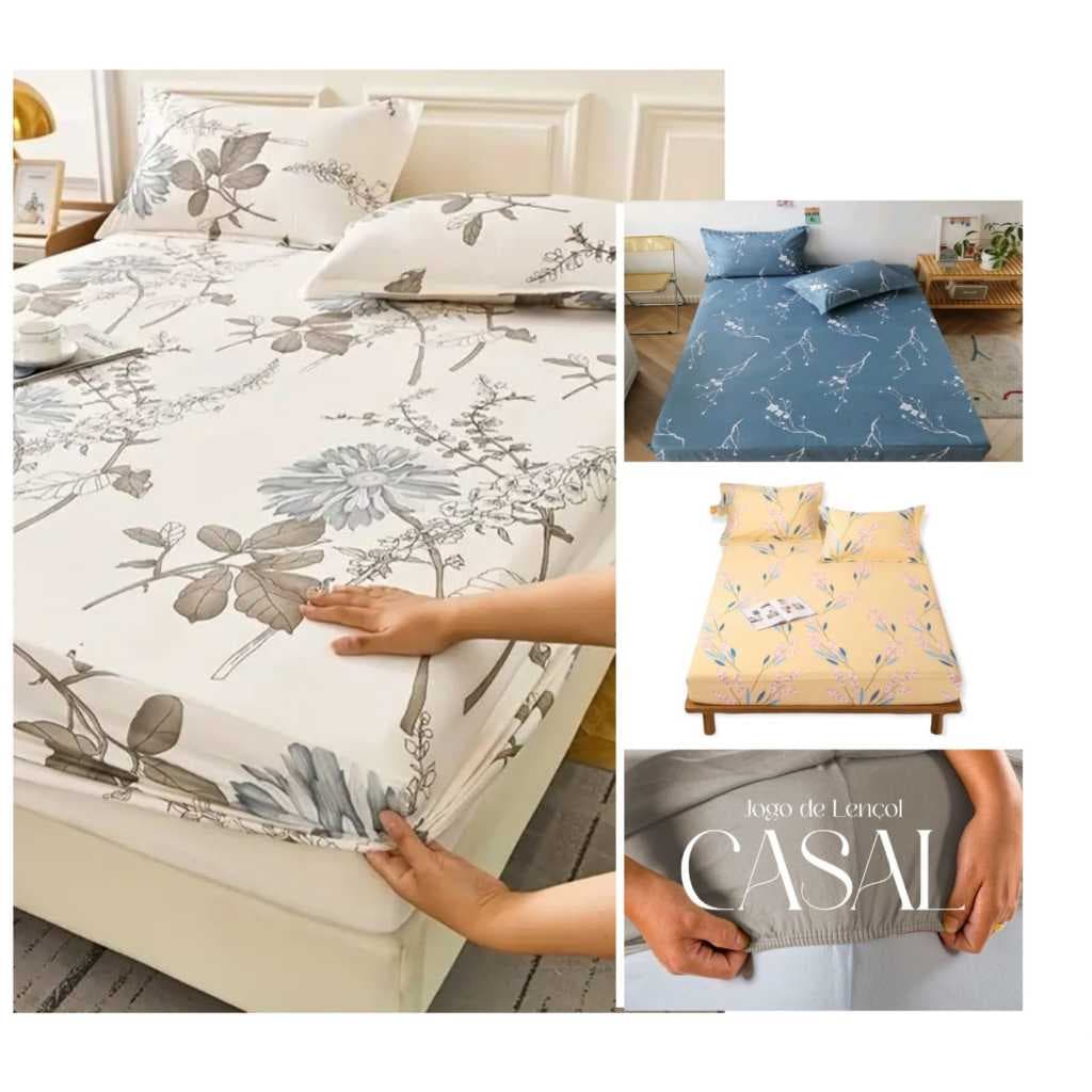 Jogo Lençol Com Elastico Par de Fronhas Solteiro 2pçs Casal Padrão 3pçs Queen 3pçs Estampas Florais