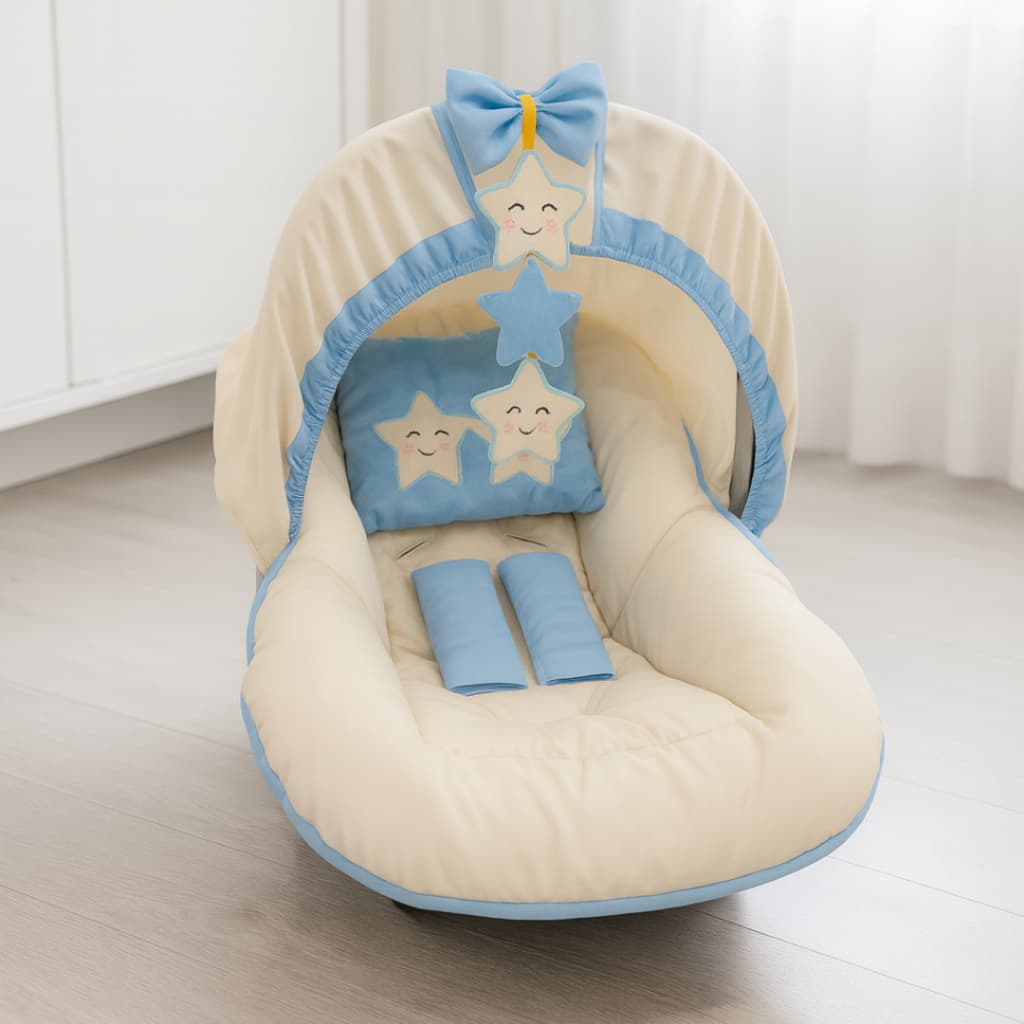 Kit Bebê Conforto 5 Peças com Capa Capota Protetores de Cinto Almofada Bordada e Móbile 0-13kg