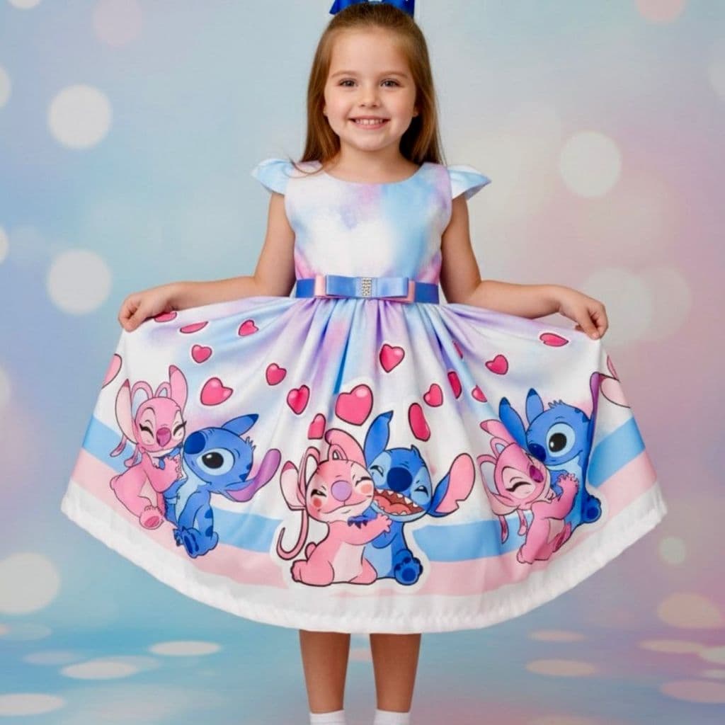 Vestido Infantil Lilo e Stich Angel estampadoTemático Menina Aniversário presente criança Verão