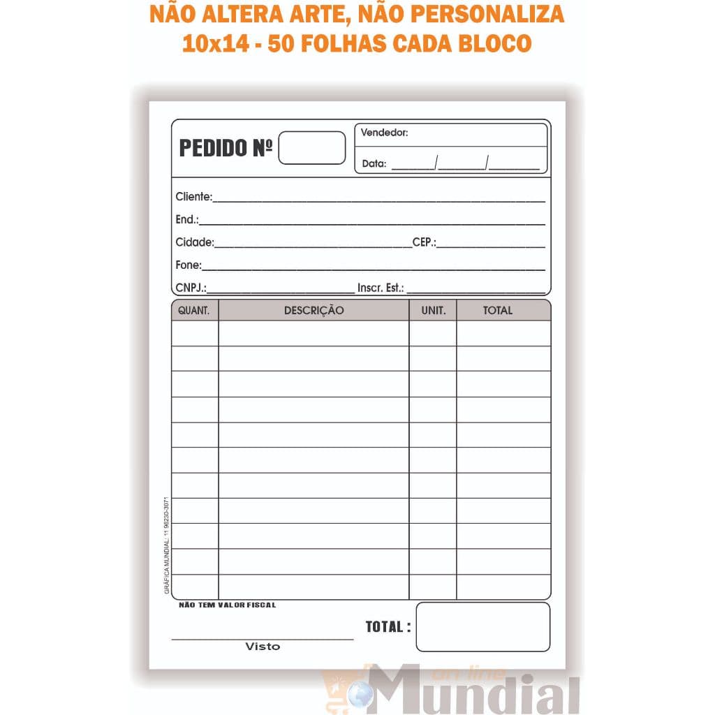 05 Talões Pedido, 1 via off-set, 10x14 c/ 50 folhas cada bloco, Papelaria Orçamento Delivery
