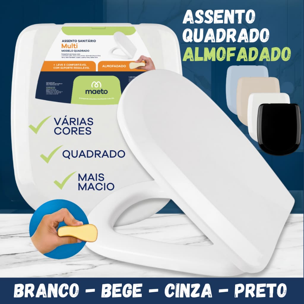 Assento Sanitário Almofadado Quadrado Tampa de Vaso Tabua Universal Preto Bege Branco Cinza Preto