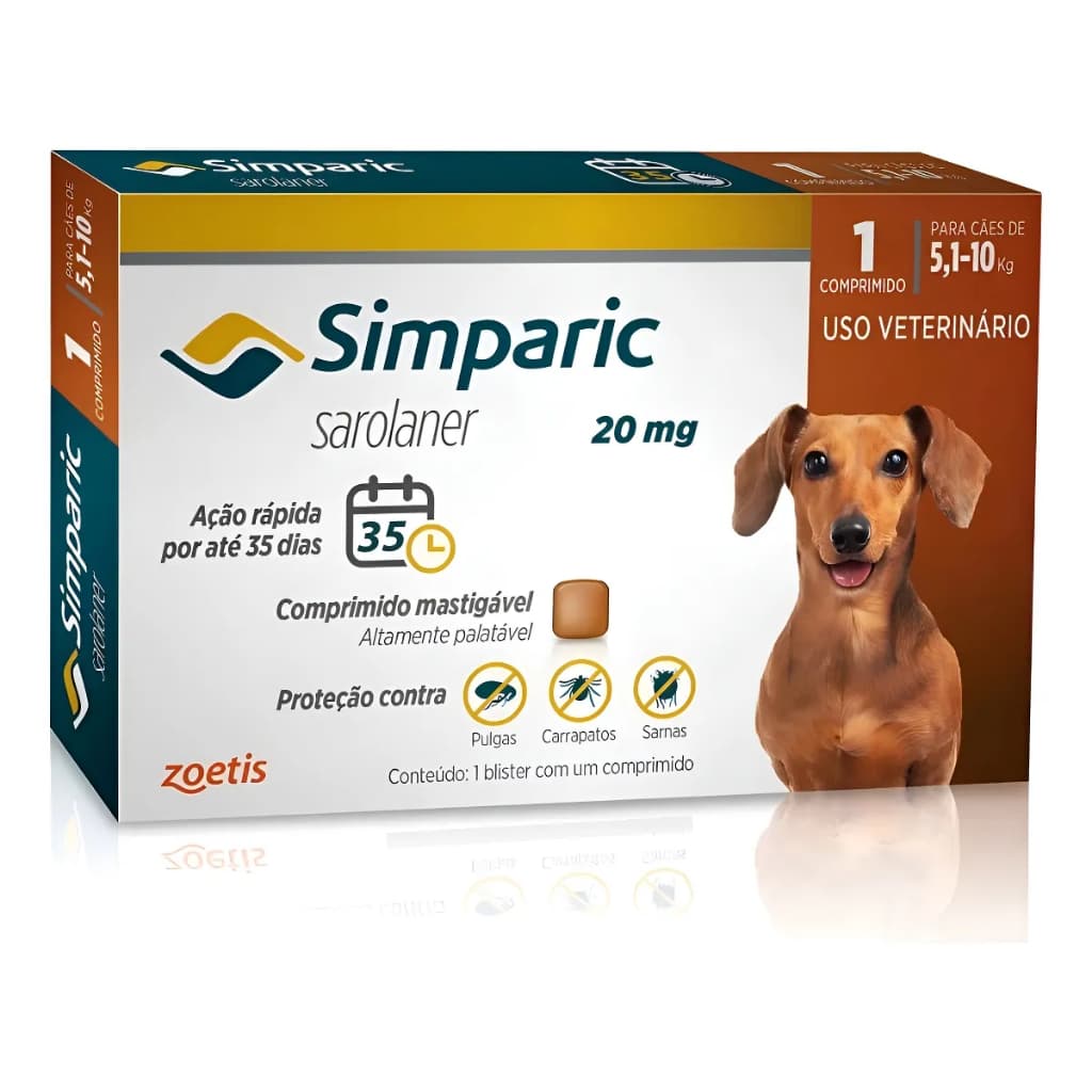 Antipulgas Zoetis Simparic 20mg Para Cães De 5,1-10kg 1 Comprimido