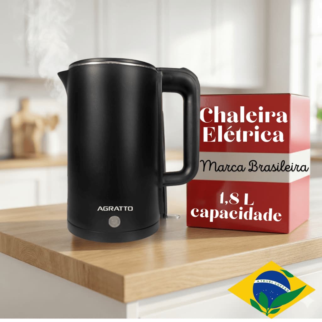 Chaleira Elétrica Agratto Preta 1,8L 127V/220V Inox AROMA ACEP Ferve Água Rápido LED Desligamento automático Base 360º