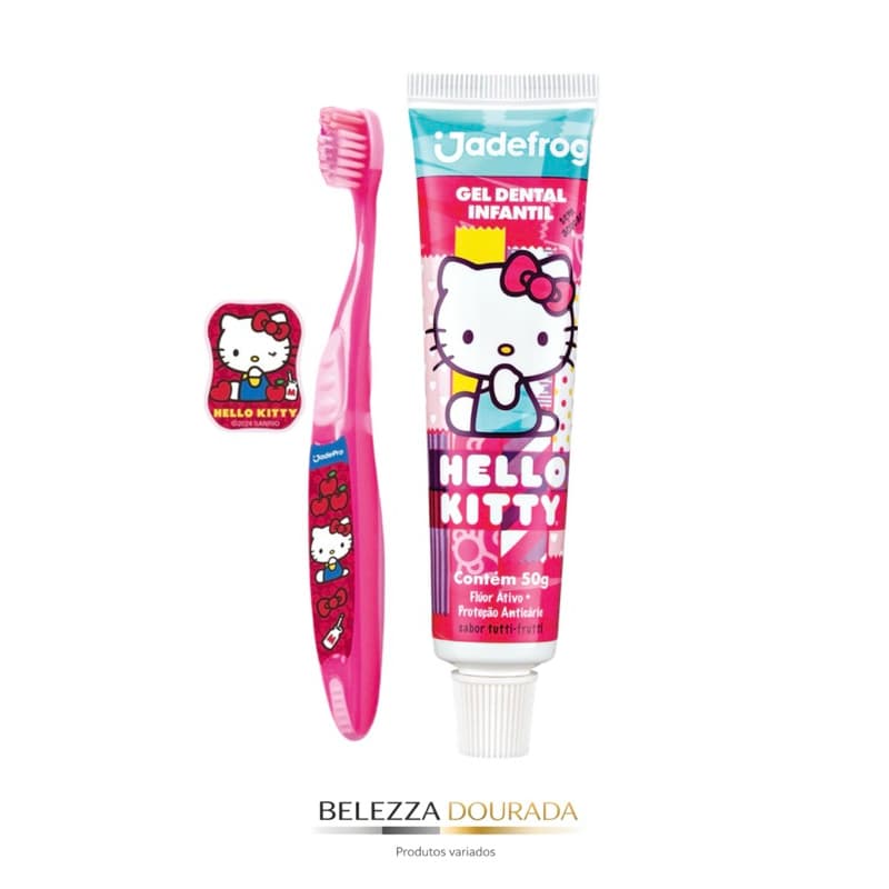 Escova de Dente Infantil Hello Kitty Jade Pro – Cerdas Macias com Protetor + Gel dental com sabor Tutti Frutti