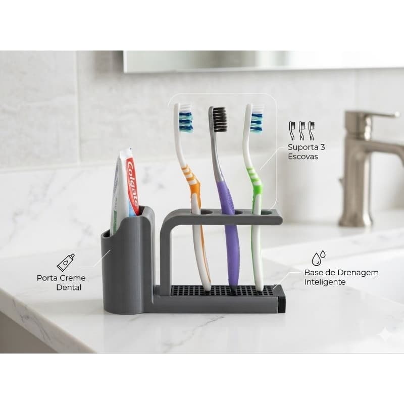 Porta Escova de Dentes e Pasta de Dente Organizador de Banheiro com Drenagem Inteligente - Design Moderno