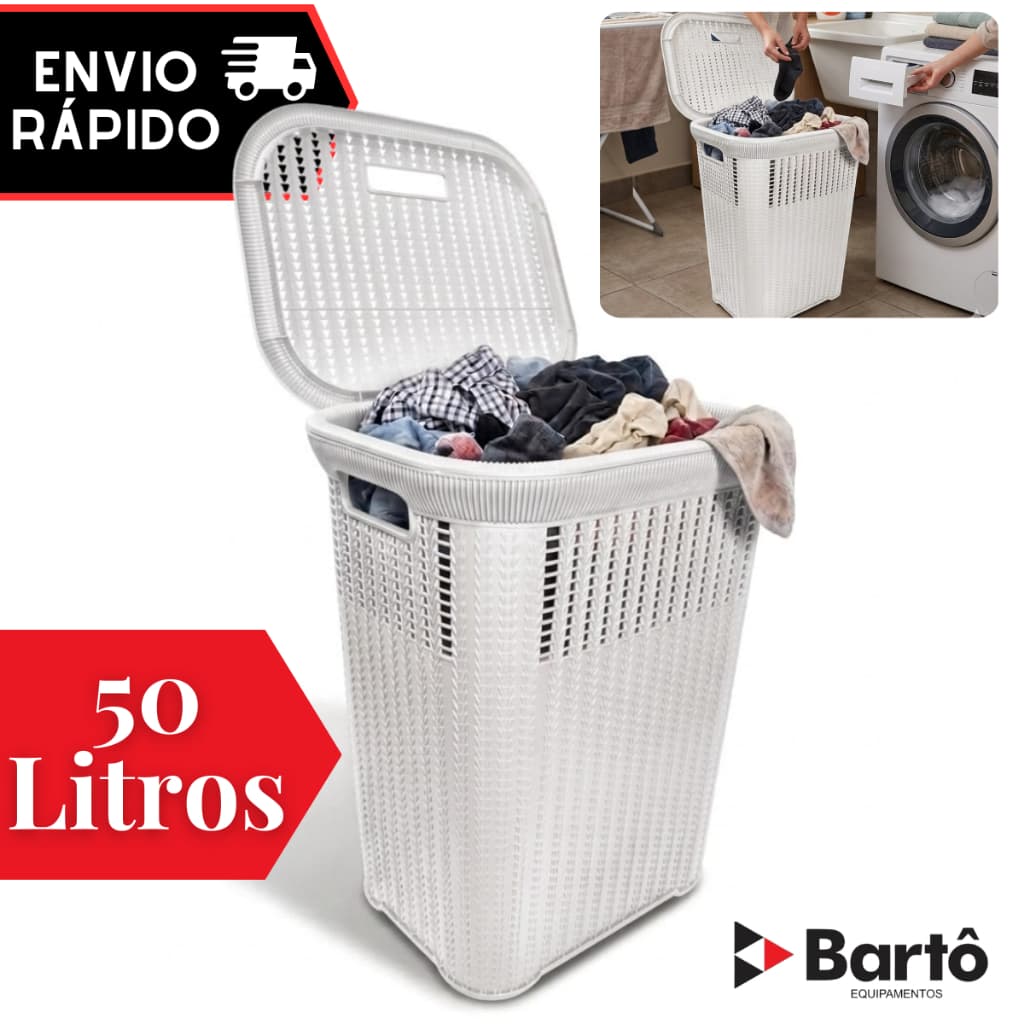 Cesto Telado Rattan 50 Litros Branco Com Tampa Premium Reforçado