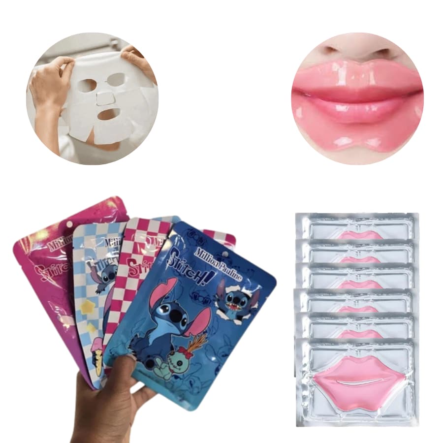 Kit Skincare Coreana Máscara FACIAL Personagens Stitch + Máscara LABIAL De Colágeno