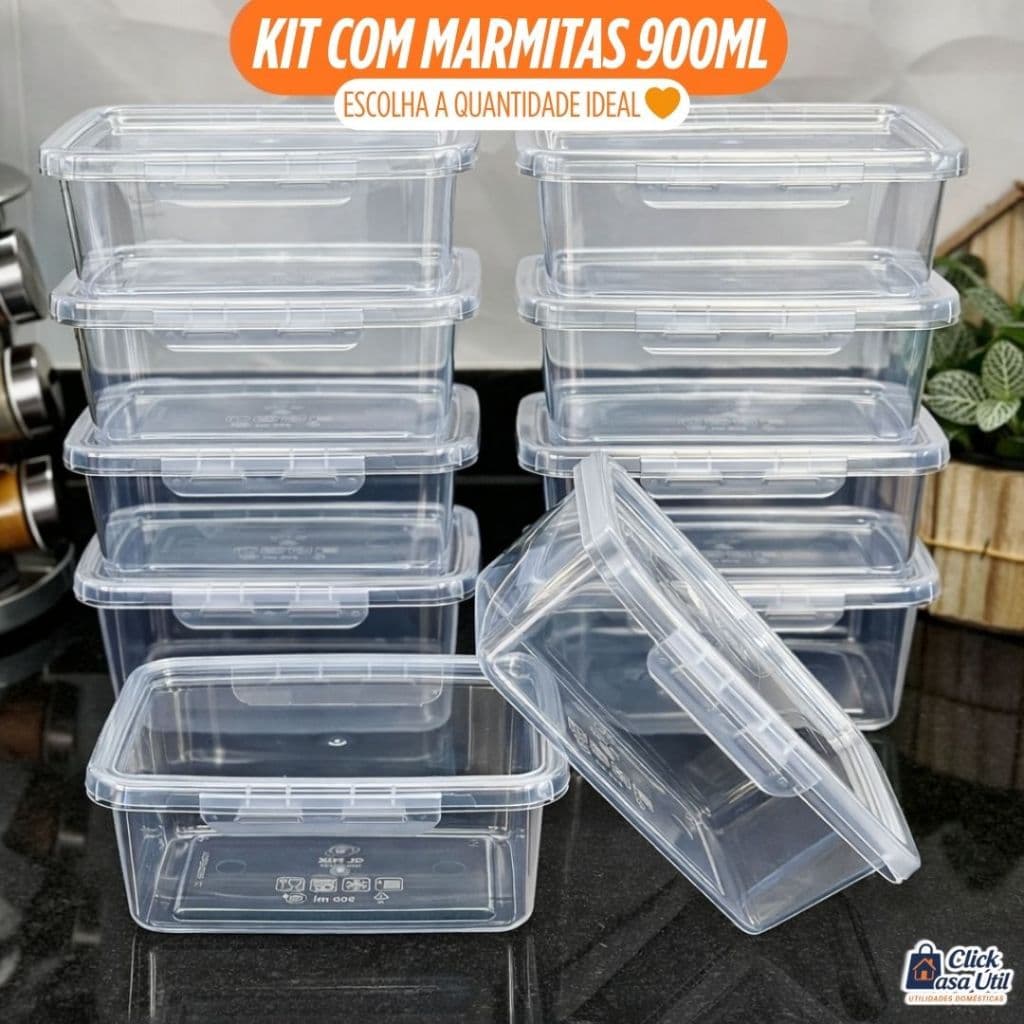 Kit Marmitas Fitness 900ml com Travas Laterais - Plástico Reutilizável, Alimentos, Organizadoras.