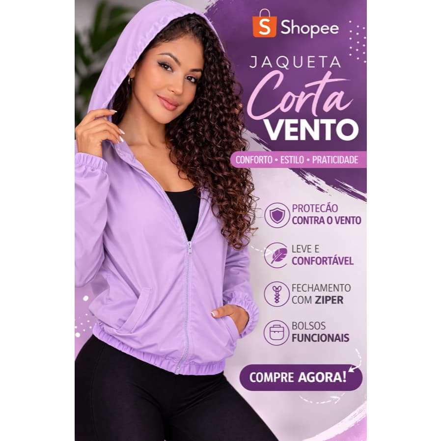 Jaqueta Feminina Leve Corta Vento com Capuz e Bolso