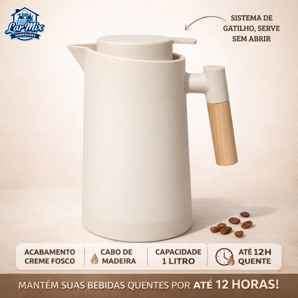 Garrafa Térmica 1L Café  Design Moderno Cabo de Madeira Ideal para Chá e Bebidas Quentes Mesa Posta Premium
