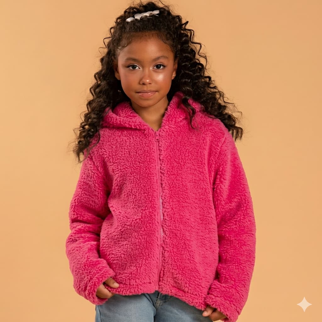 Blusa Casaco Teddy infantil de inverno menina com capuz e zíper, Tamanho 2,4,6,8,10,12 Jaqueta Quentinho Infantil sherpa
