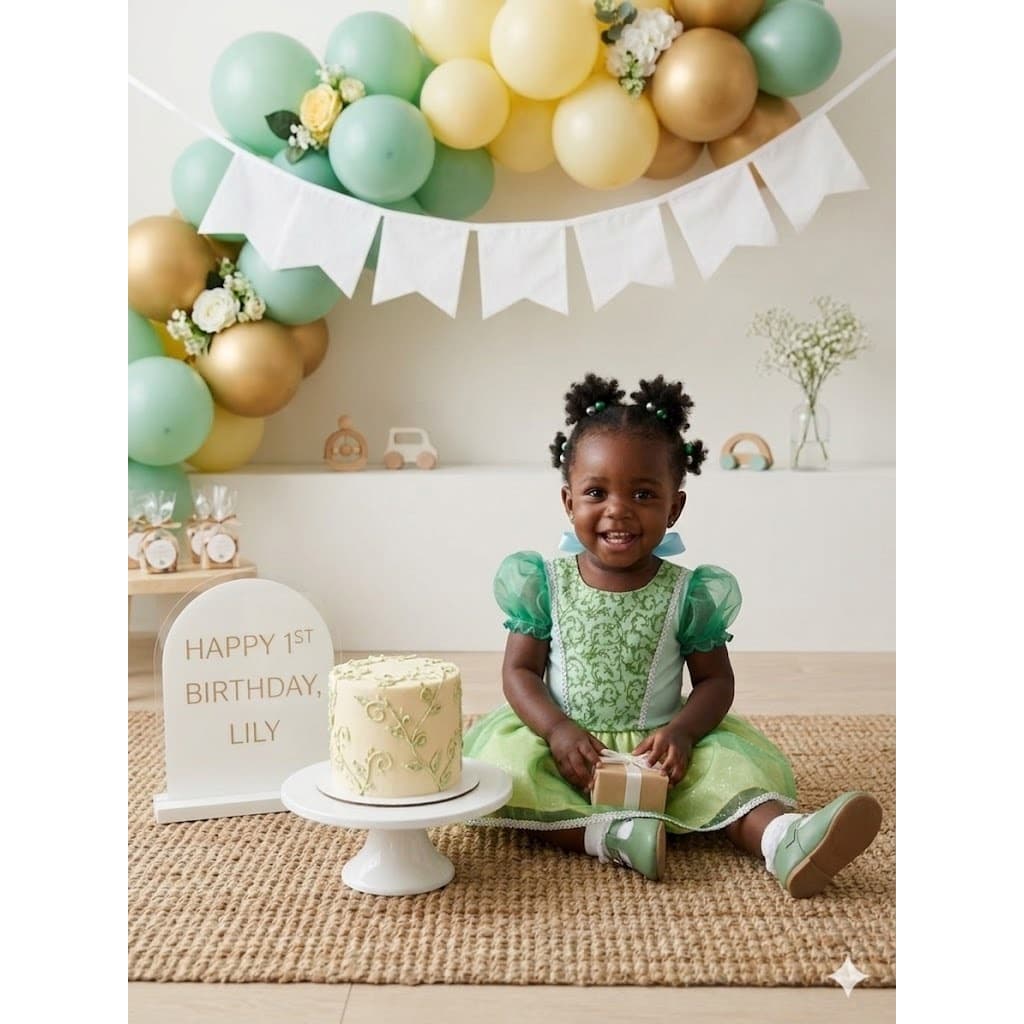 Fantasia Princesa Tiana Bebê Roupa de Menina Infantil Filme Mesversário Newborn Verde Festa Temático