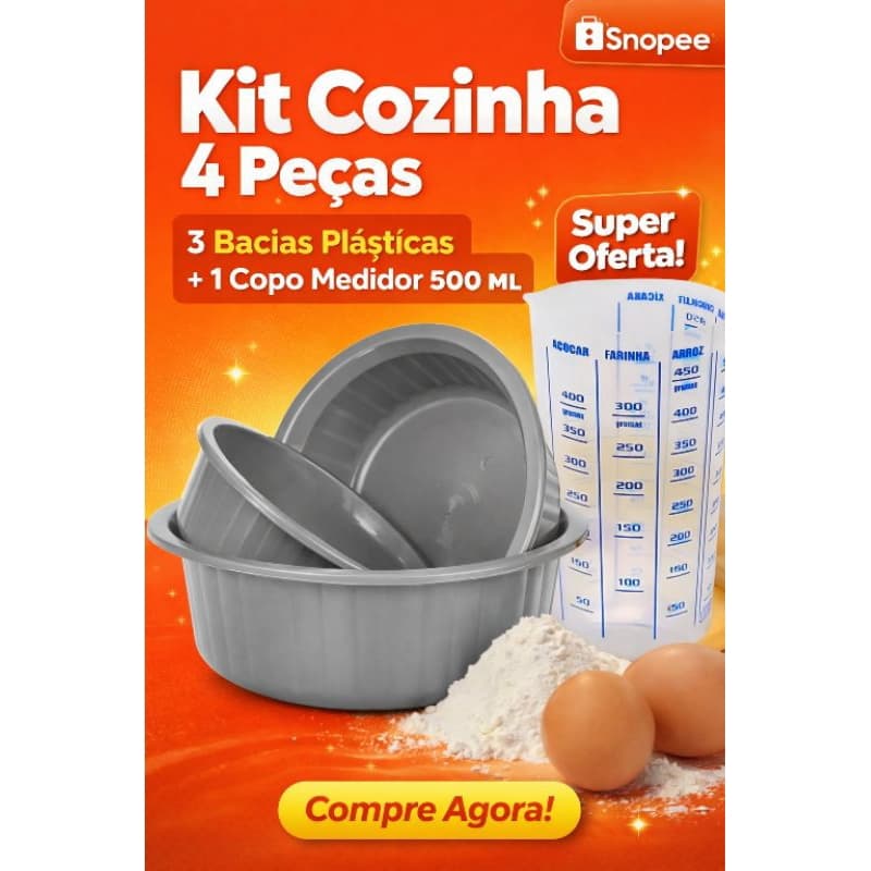 Kit Cozinha 4/Peças 3 Bacias de Plástico + 1 Copo Medidor 500 ML