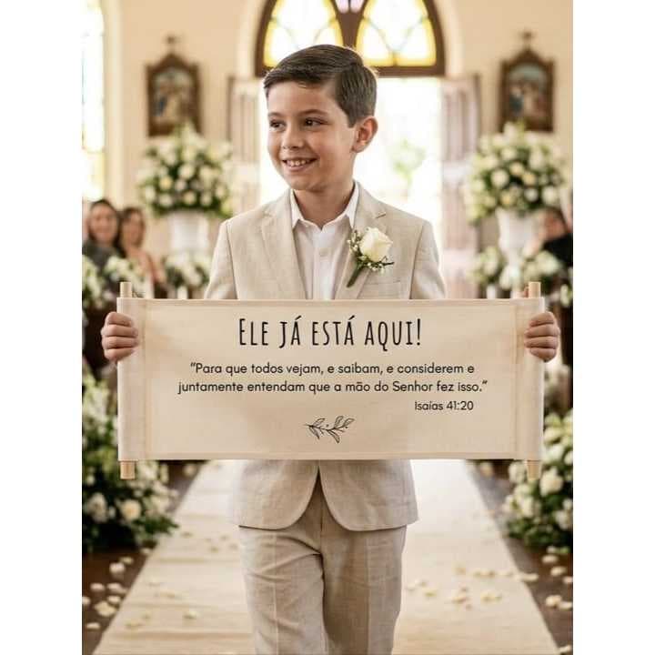 Faixa para casamento daminha/pajem "Ele já está aqui!"