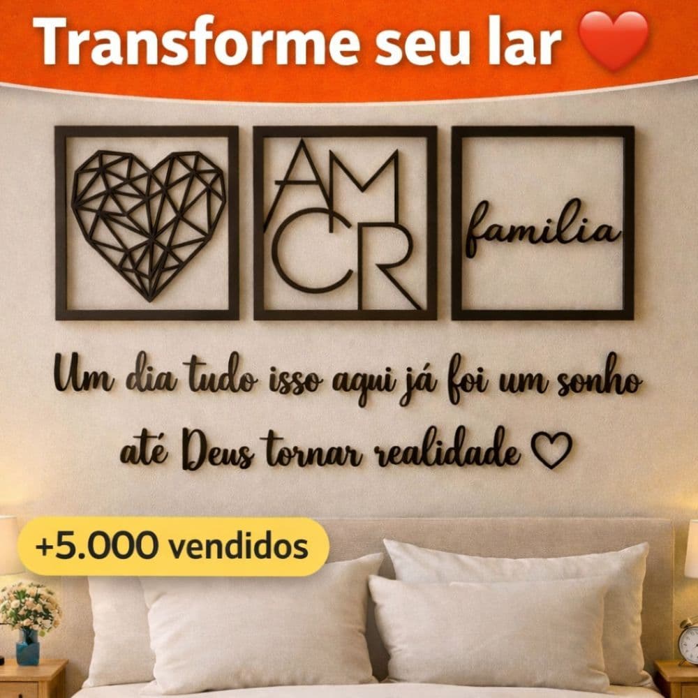 Kit 3 Quadros Cabeceira Familia Coração Geométrico Amor + Frase de Parede Variados Sala