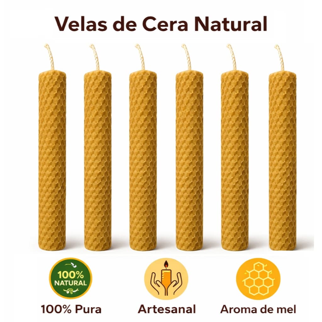 6 Velas De Cera De Abelha 100% Pura E Natural 10x2 Cm - LOJA ABELHA E FLOR NATURAL