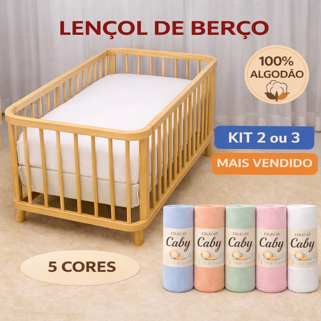 Lençol de Berço Kit 2 ou 3 100% Algodão com Elástico 70x130x12 – Malha Confortável