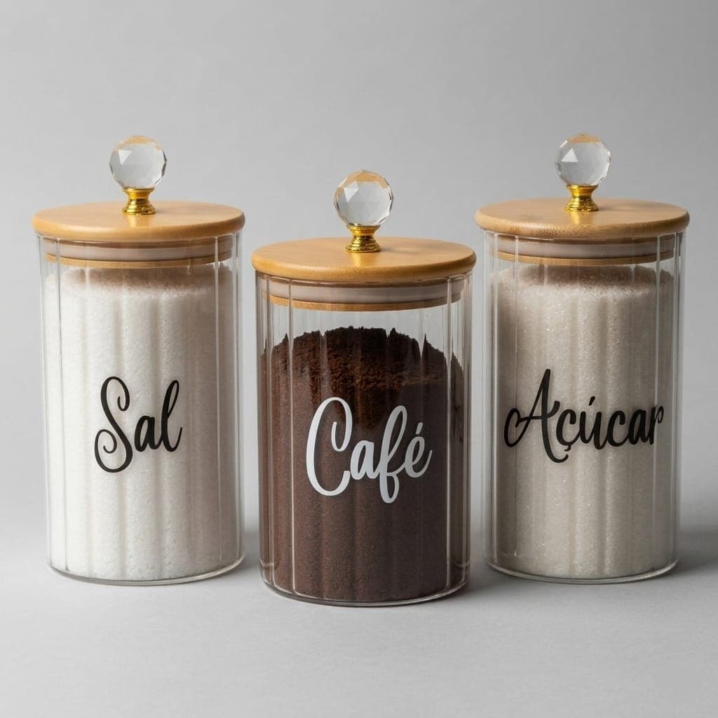 Kit Café Açúcar Sal Mantimentos Pote Potes Herméticos Ambar Canelado de Vidro e Bambu 1000/700/500ml