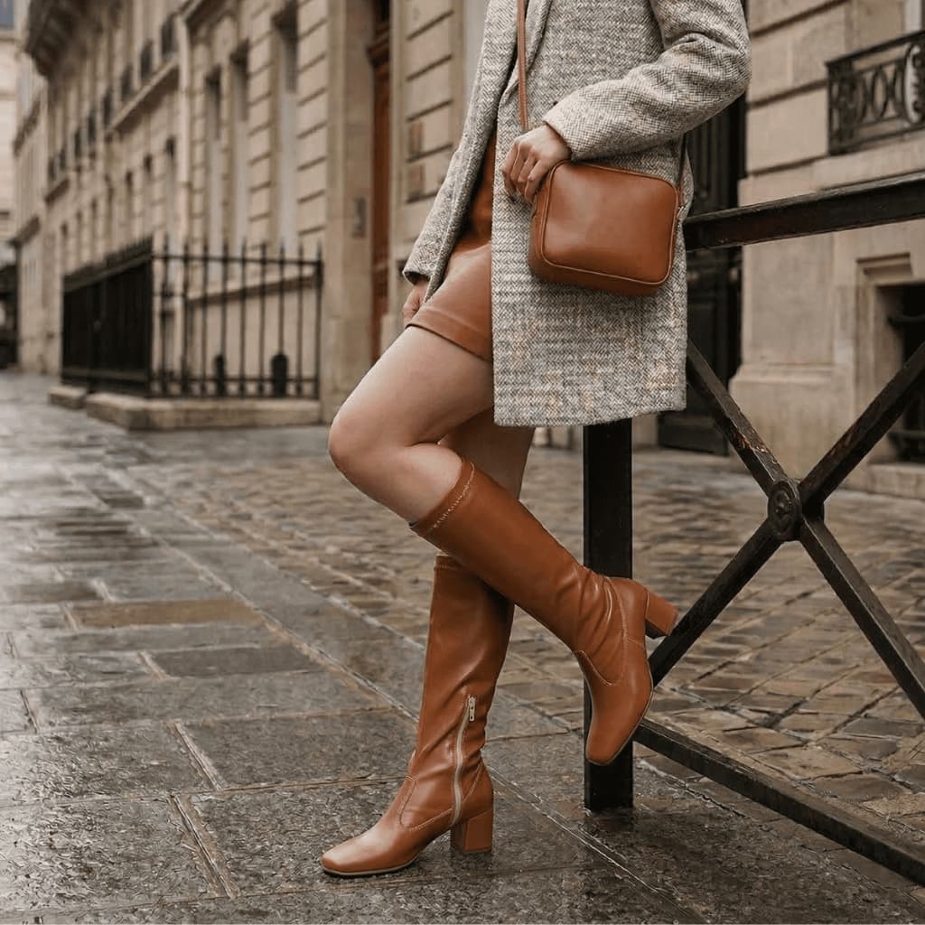 Bota Feminina Stretch Cano Alto Bico Quadrado Salto Grosso